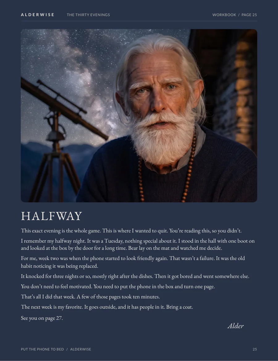 Workbook page: Halfway, a note from Alder.