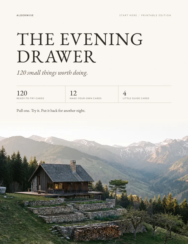 Card deck guide page 1 of 4: the cover, The Evening Drawer, 120 small things worth doing.